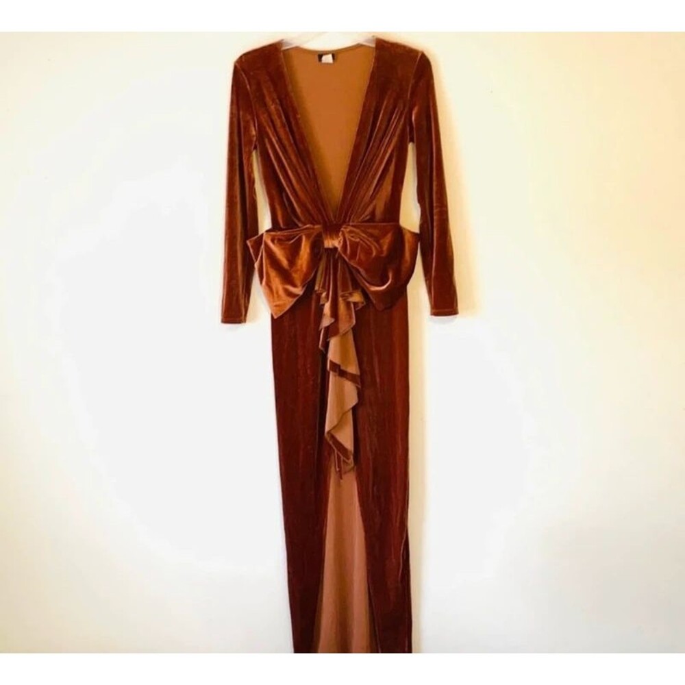 Brown Bow Ruffle Long-Sleeve Velvet Gown New